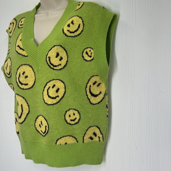 Forever 21 - Happy Times Green With Yellow Smiley Faces Knit Vest Size Small - Picture 4 of 9